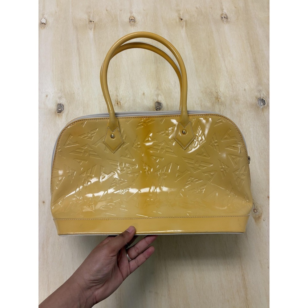 Arcadia Satchel Bag Womens Medium Yellow PVC Patent Embossed Gold Hardware